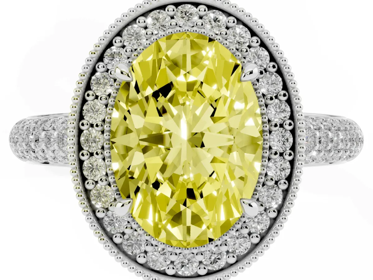 Fancy Yellow Oval Cut Cut Halo Diamond Pave Band with Four-Prong Setting Silver