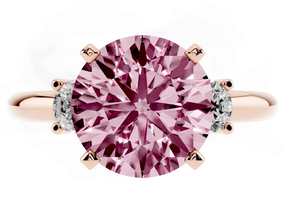 Fancy Pink Three-Stone Round Cut Cut Diamond Solitaire with Prong Setting and Classic Band Rose gold