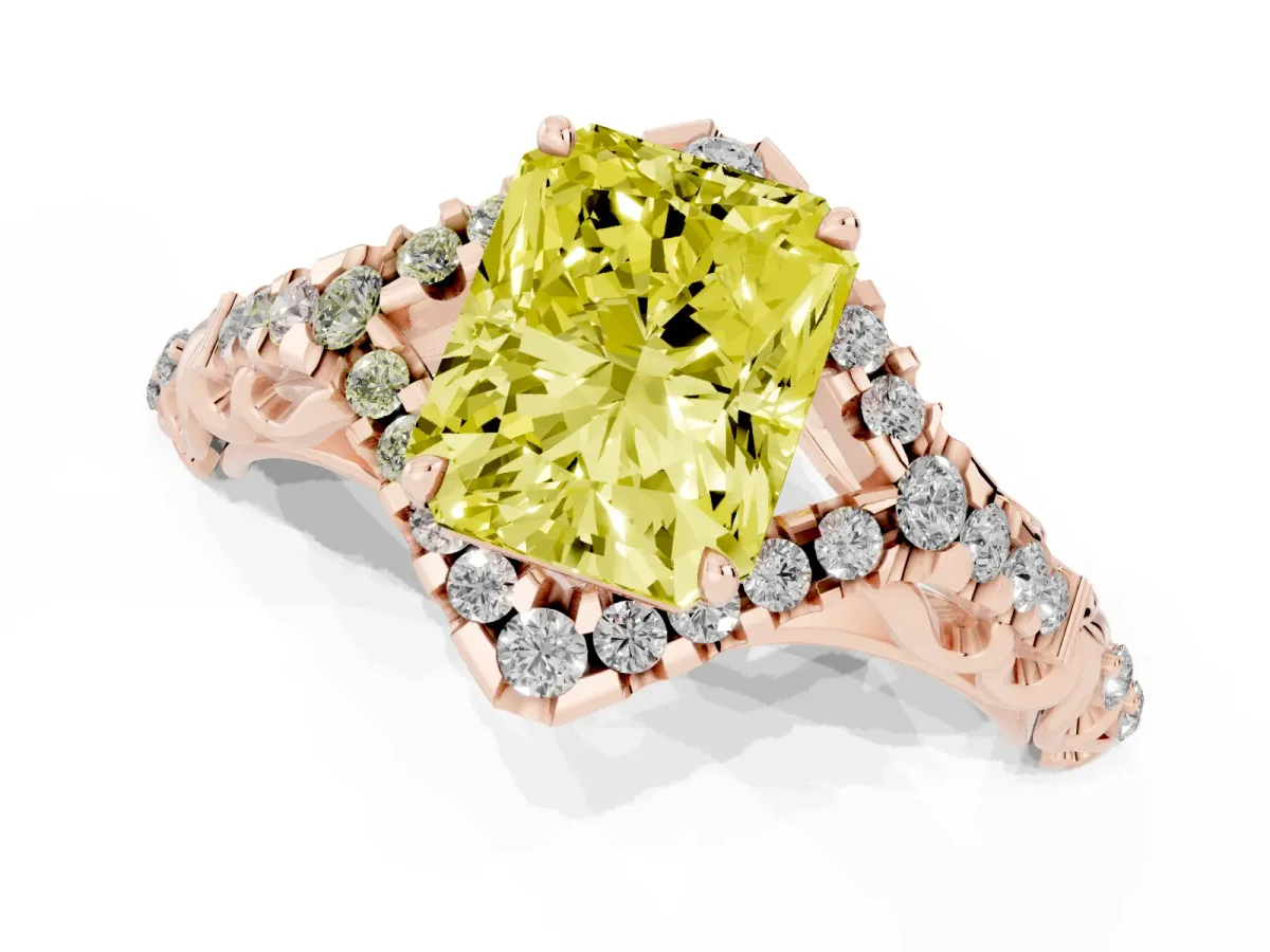 Fancy Yellow Radiant Cut Diamond Solitaire Ring with Hidden Halo and Pavé Band Rose gold