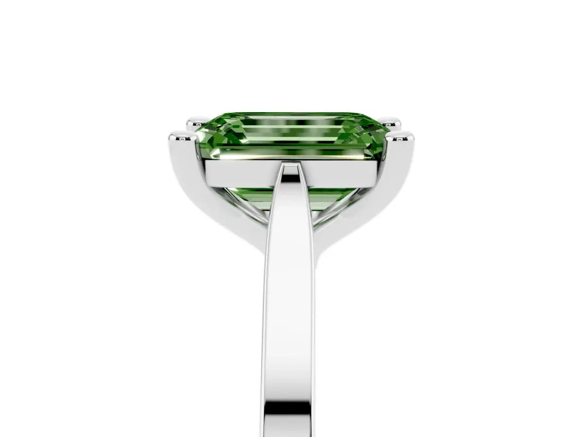Fancy Green Emerald Cut Solitaire Diamond Ring with Four-Prong Setting and Tapered Band Silver