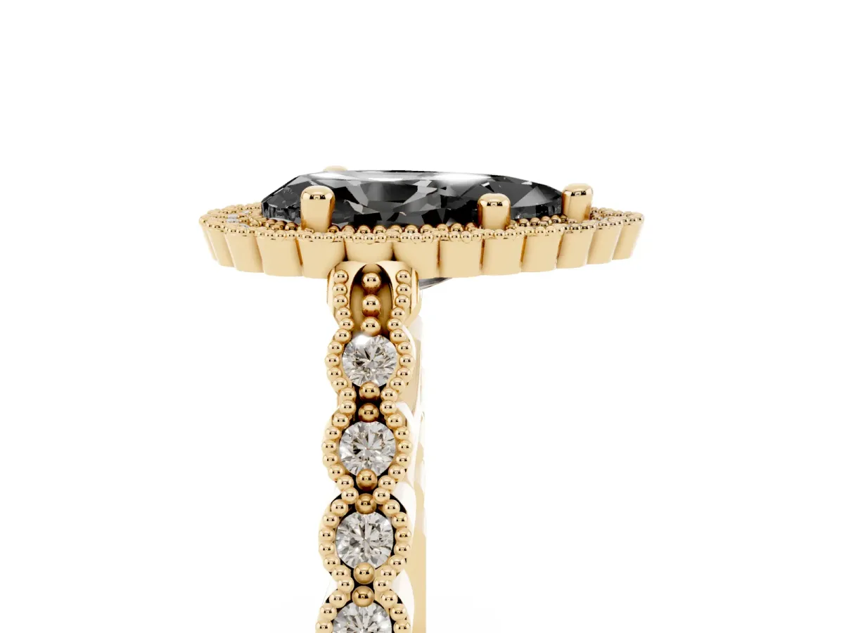 Fancy Black Pear Cut Cut Halo Pavé Solitaire Ring with Milgrain Band Yellow gold
