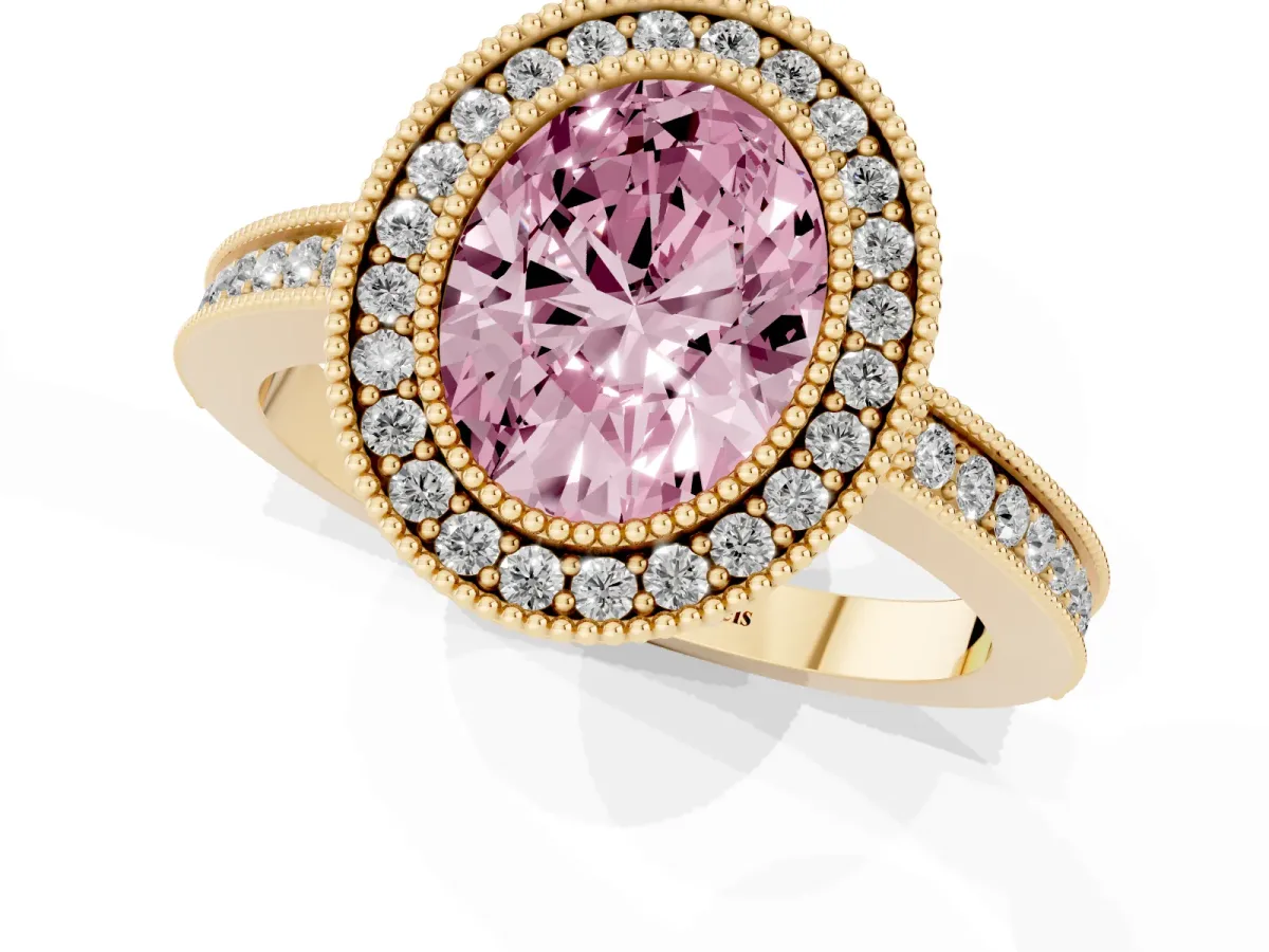 Fancy Pink Oval Cut Cut Halo Diamond Ring with Pavé Band and Milgrain Prong Setting Yellow gold