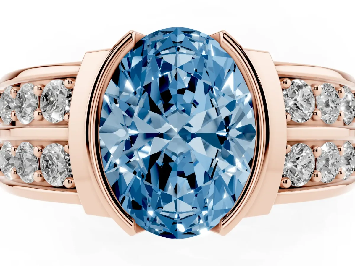 Fancy Blue Oval Cut Brilliant Diamond Channel Set Wide Band Ring with Bezel Setting Rose gold