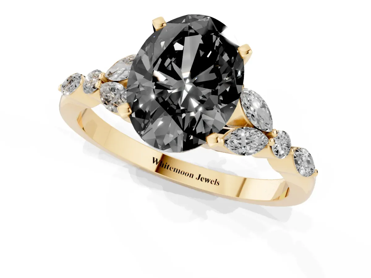 Fancy Black Oval Cut Diamond Solitaire Ring with Side Stones and Four-Prong Setting Yellow gold
