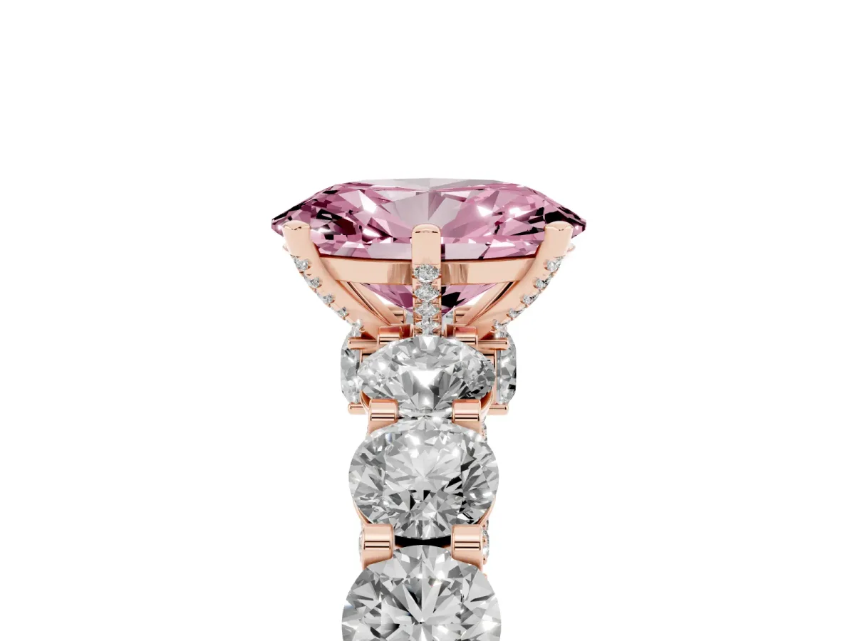 Fancy Pink Oval Cut Diamond Side Stone Engagement Ring with Four-Prong Setting Rose gold