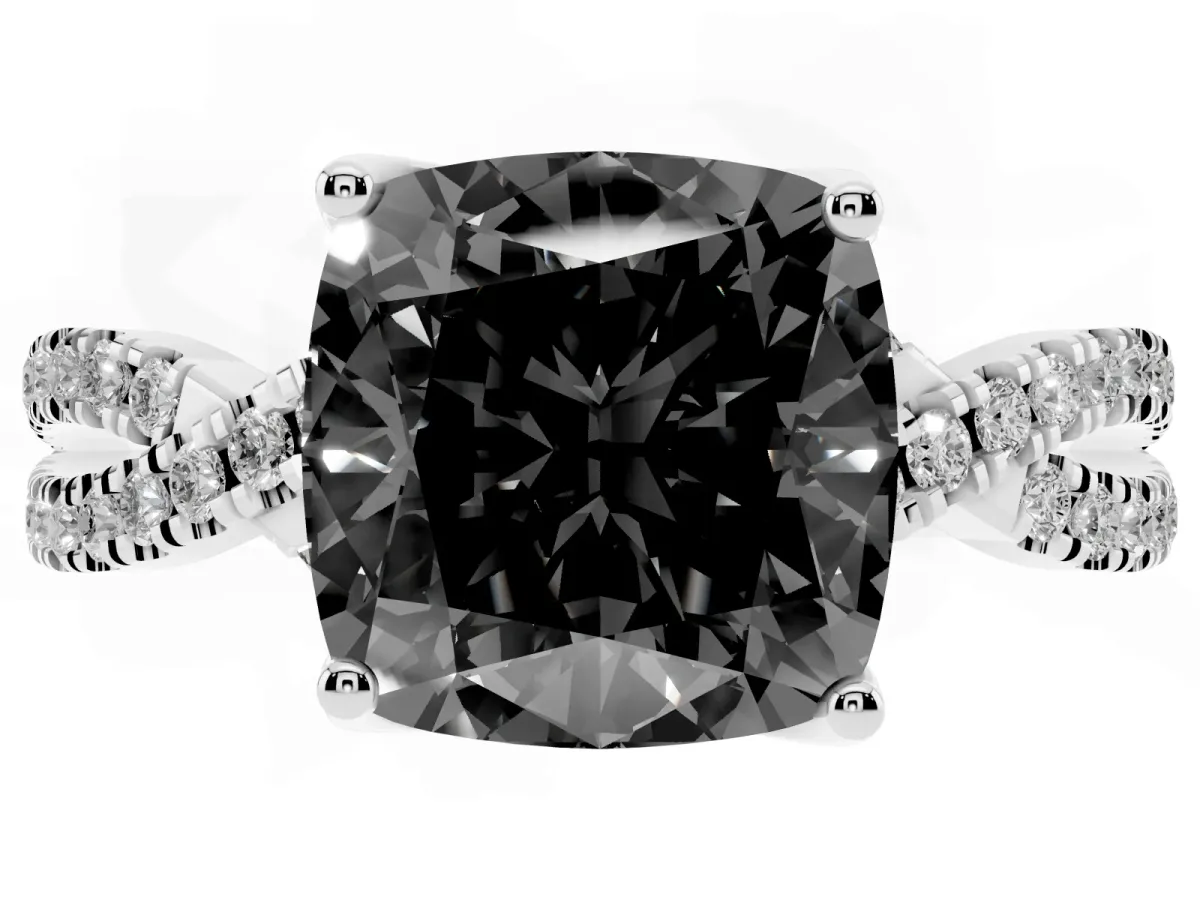 Fancy Black Cushion Cut Solitaire Twist Pave Diamond Engagement Ring with Prong Setting Silver