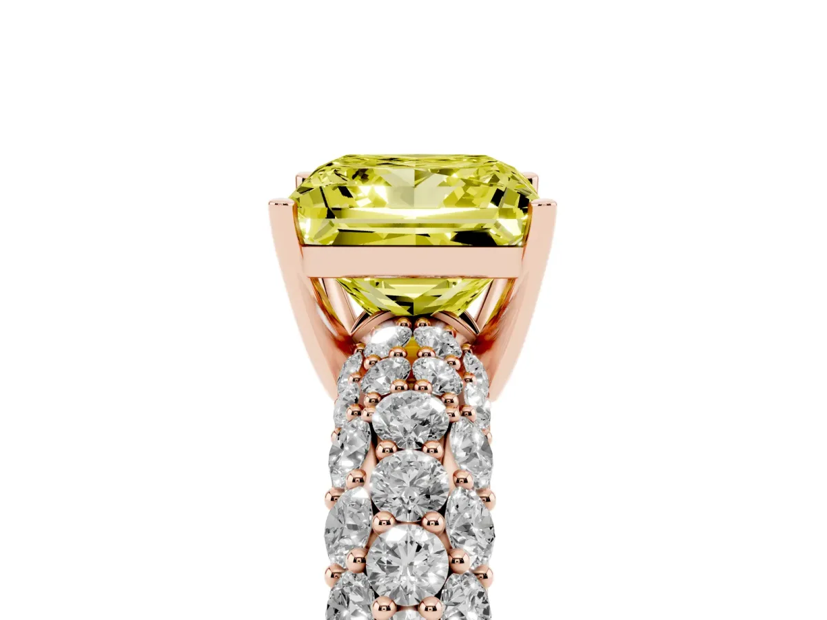 Fancy Yellow Princess Cut Diamond Pavé Band Solitaire Ring with Four-Prong Setting Rose gold