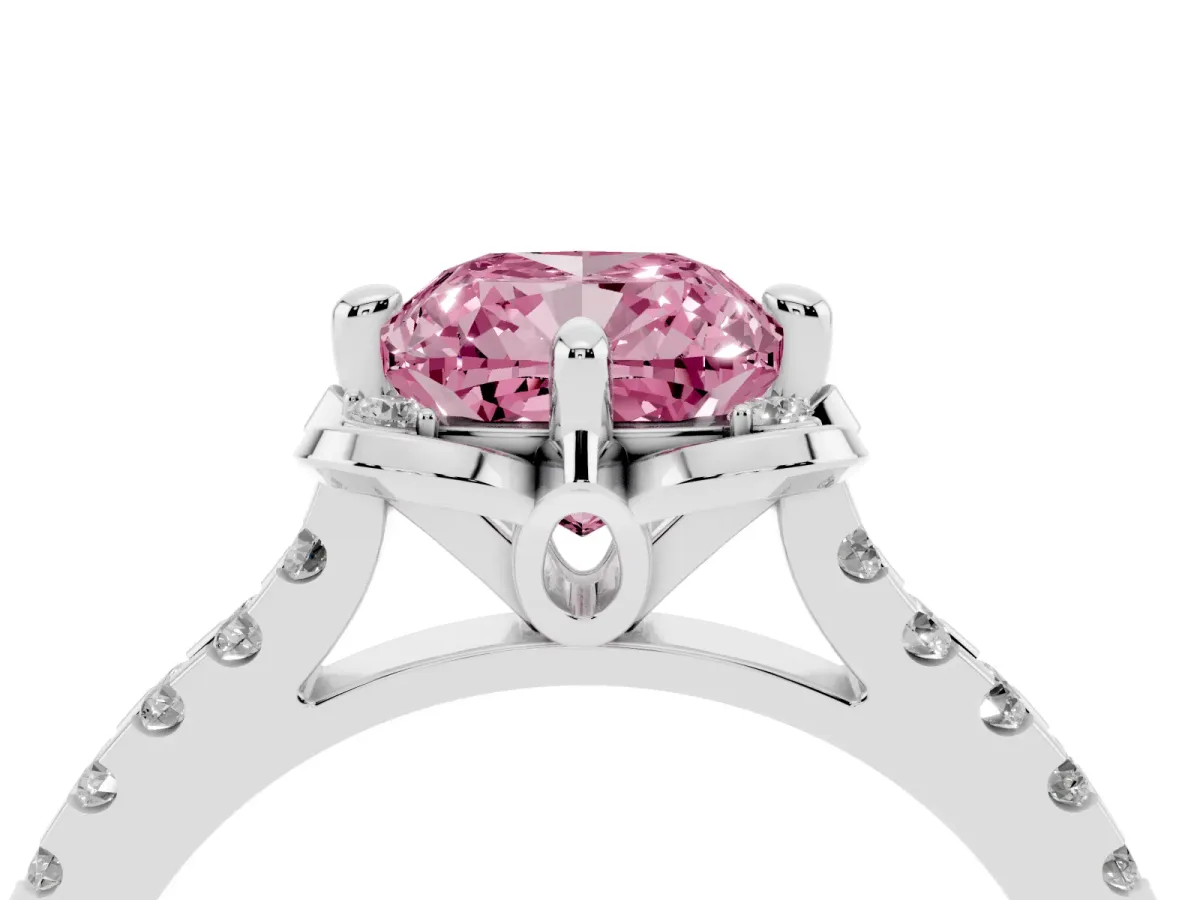 Fancy Pink Cushion Cut Diamond Ring with Pavé Band and Floral Prong Setting Platinum