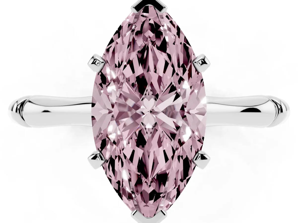 Fancy Pink Marquise Cut Solitaire Diamond Ring with Bamboo Band and Four-Prong Setting Silver
