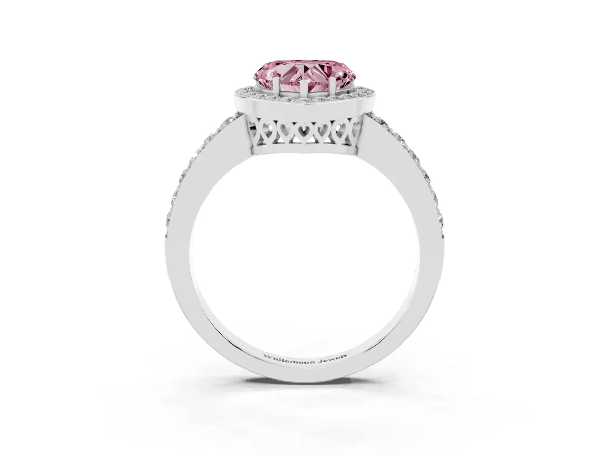 Fancy Pink Heart Cut Halo Diamond Pavé Band Ring with Prong Setting Silver