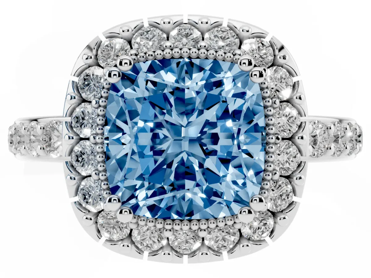 Fancy Blue Cushion Cut Diamond Halo Ring with Pavé Band and Prong Setting Platinum