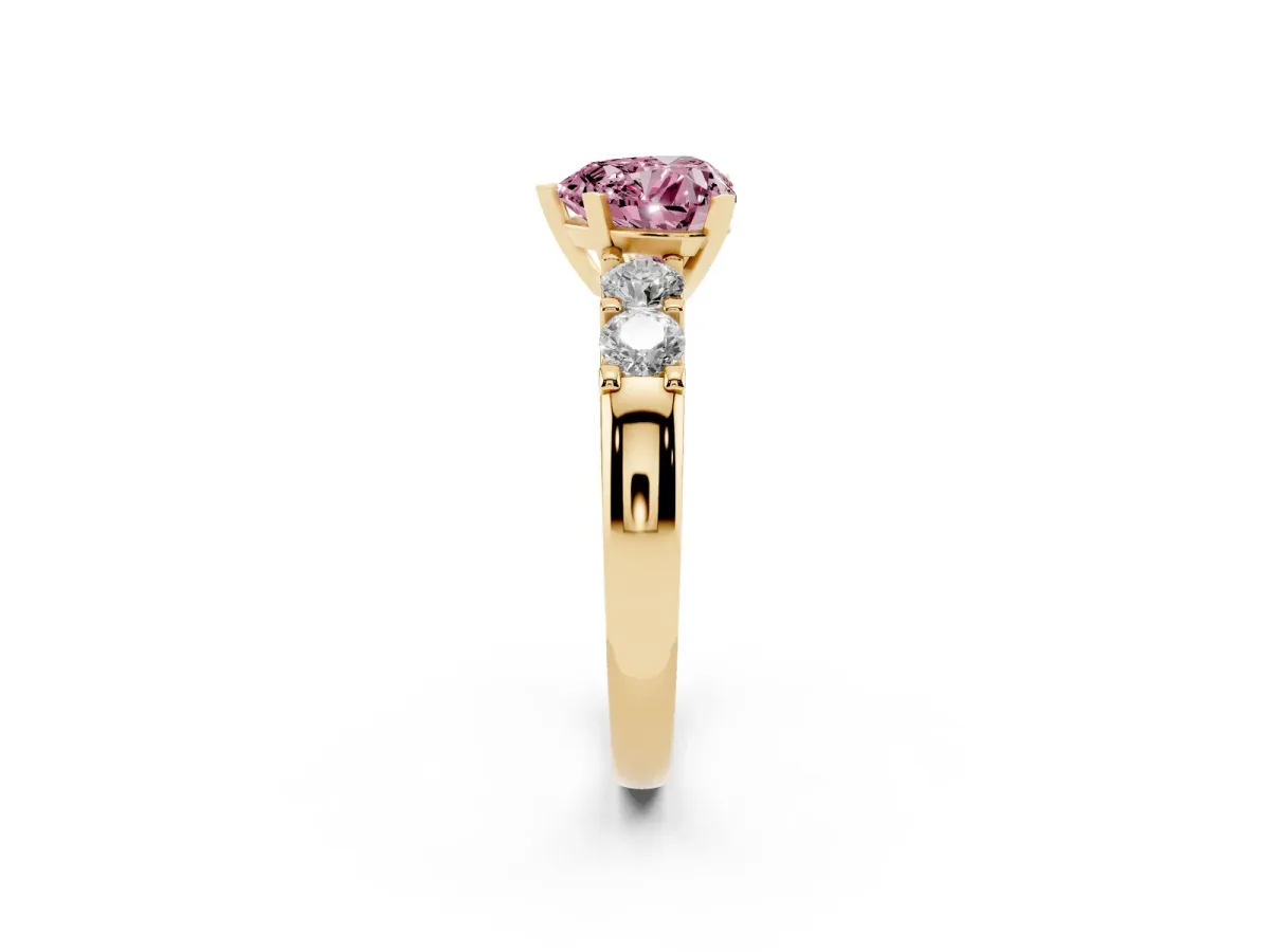 Fancy Pink Heart Cut Brilliant Cut Diamond Five-Stone Prong Set Engagement Ring with Channel Band Yellow gold