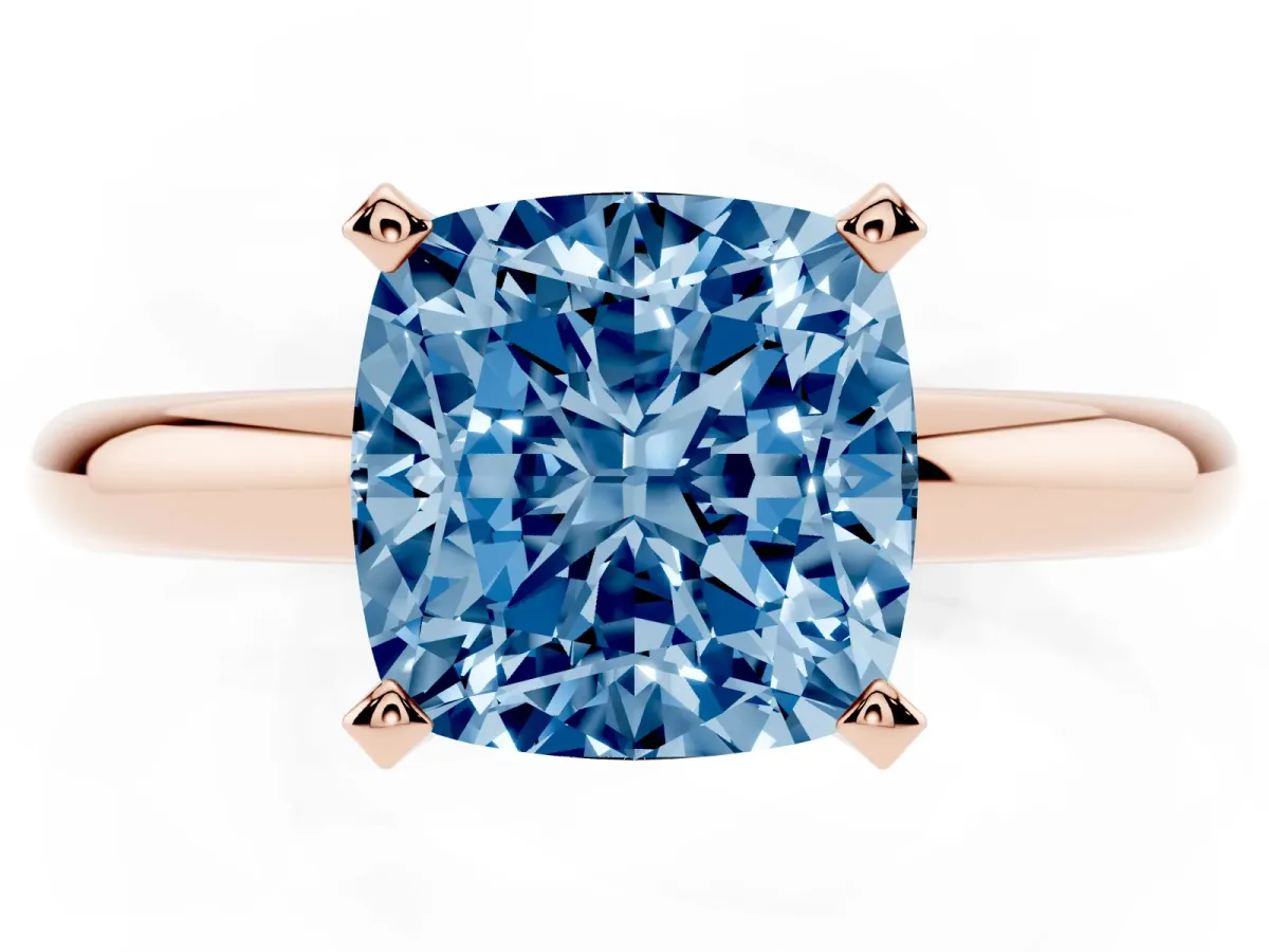 Fancy Blue Cushion Cut Diamond Solitaire Engagement Ring with Round Band and Four-Prong Setting Rose gold