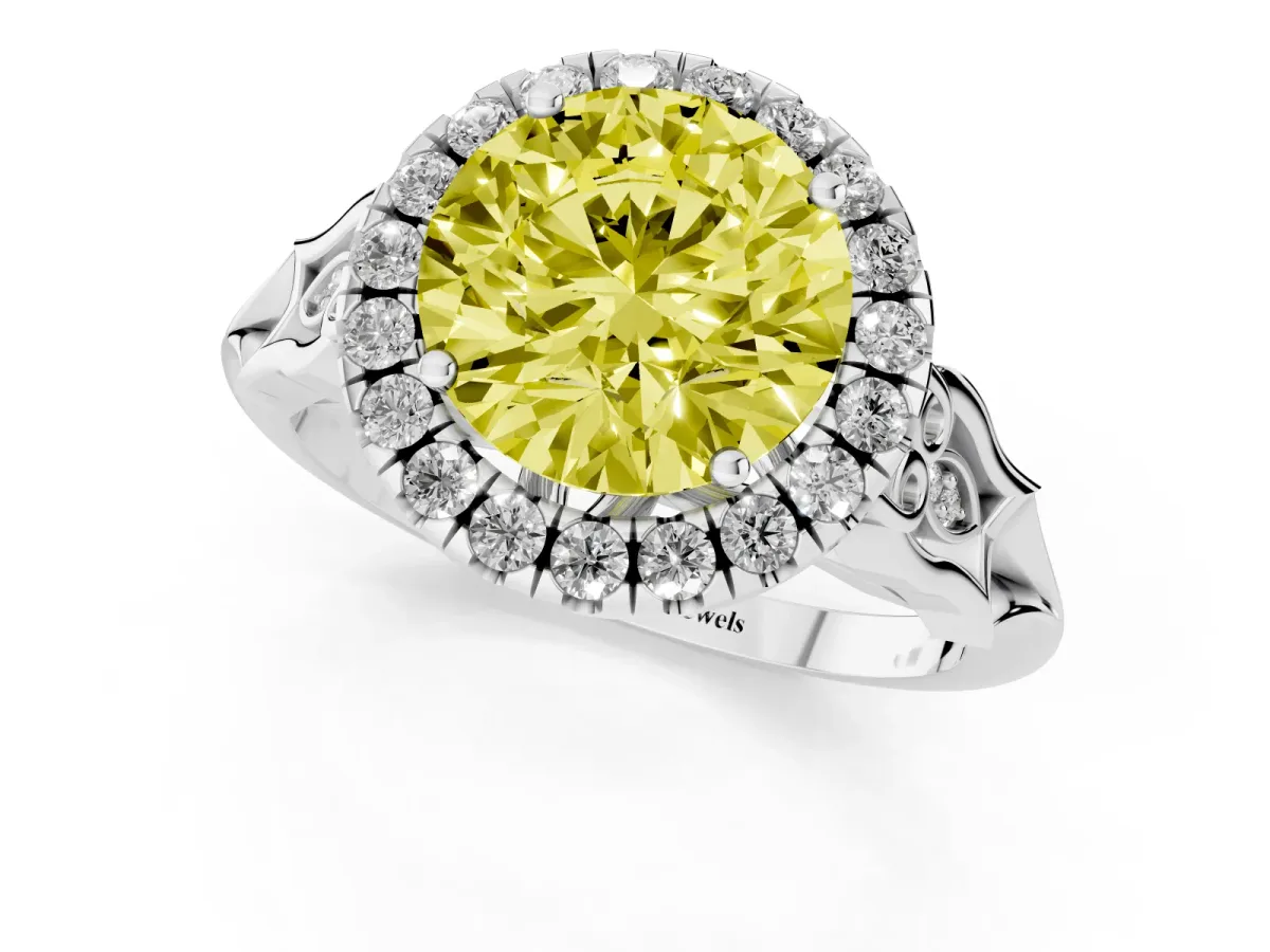 Fancy Yellow Round Cut Halo Diamond Engagement Ring with Filigree Band and Four-Prong Setting Platinum