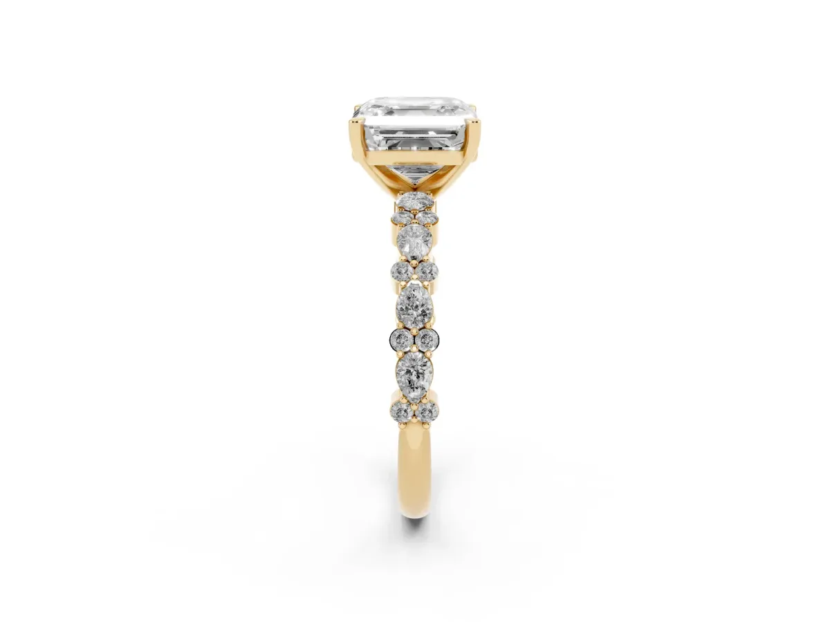 Asscher Cut Diamond Side Stone Solitaire Ring with Round and Four-Prong Setting Yellow gold