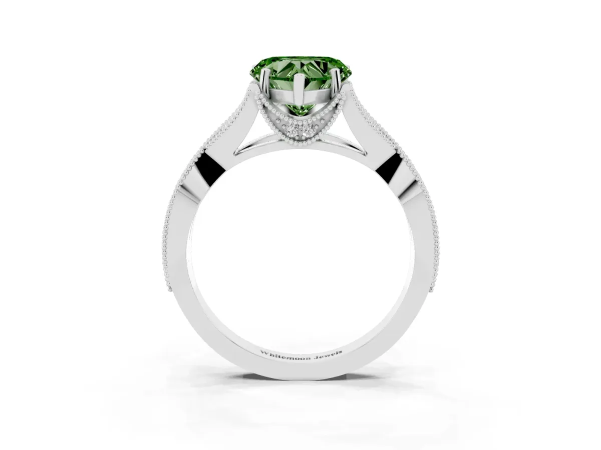 Fancy Green Heart Cut Cut Diamond Twisted Band with Milgrain Pave Setting and Four-Prong Setting White gold