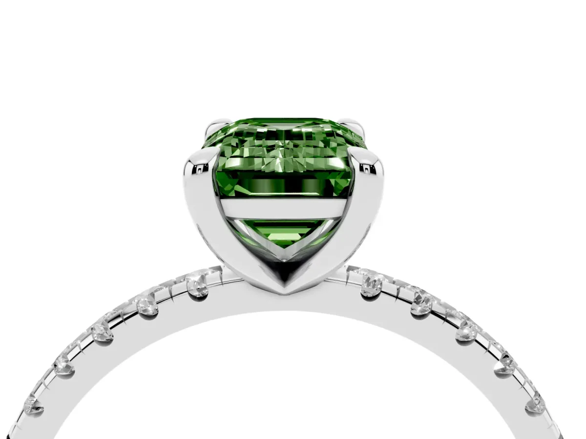 Fancy Green Emerald Cut Diamond Brilliant Solitaire Ring with Pavé Band and Four-Prong Setting Silver