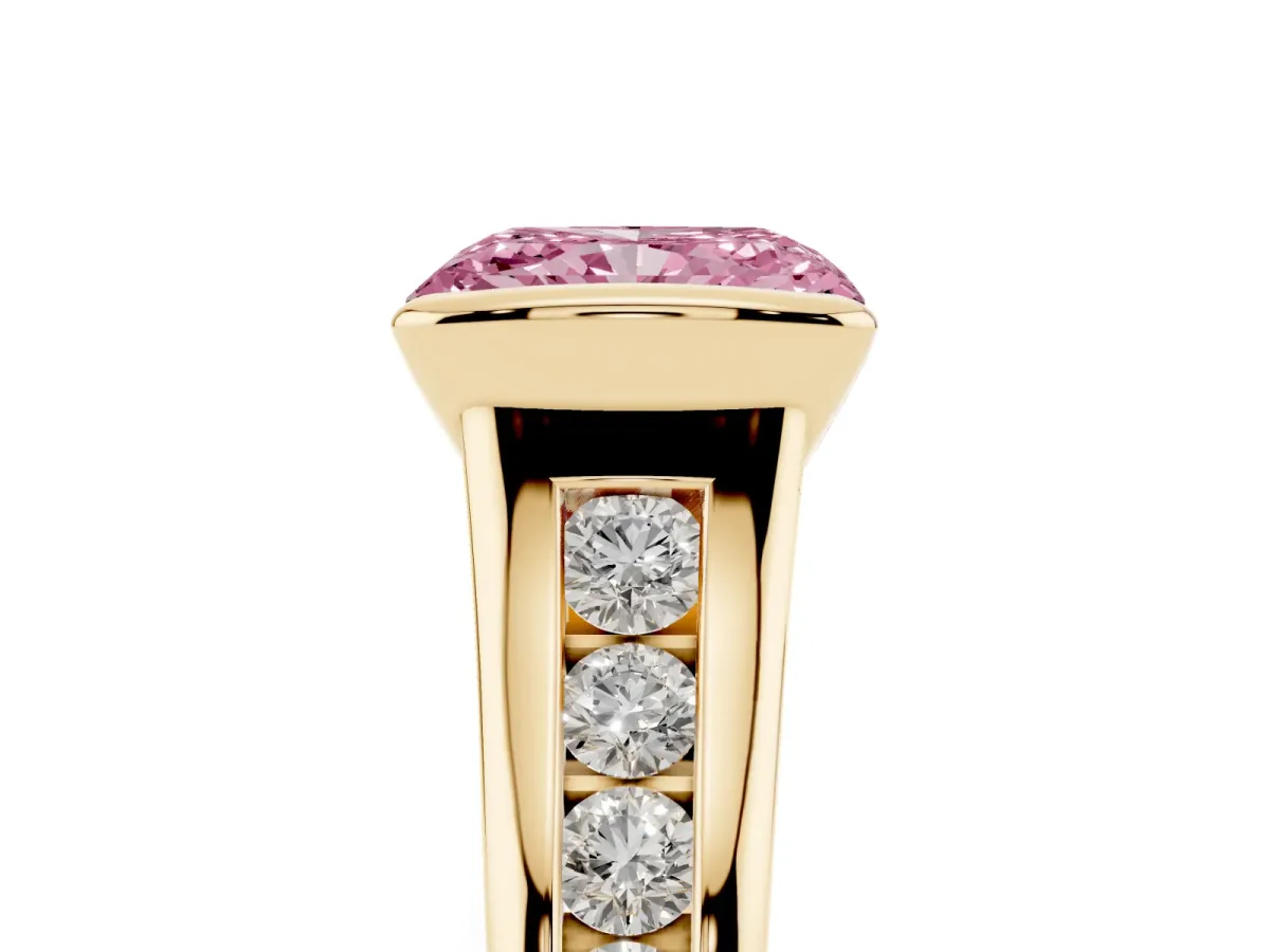 Fancy Pink Radiant Cut Solitaire Bezel-Set Diamond Ring with Channel-Set Band Yellow gold