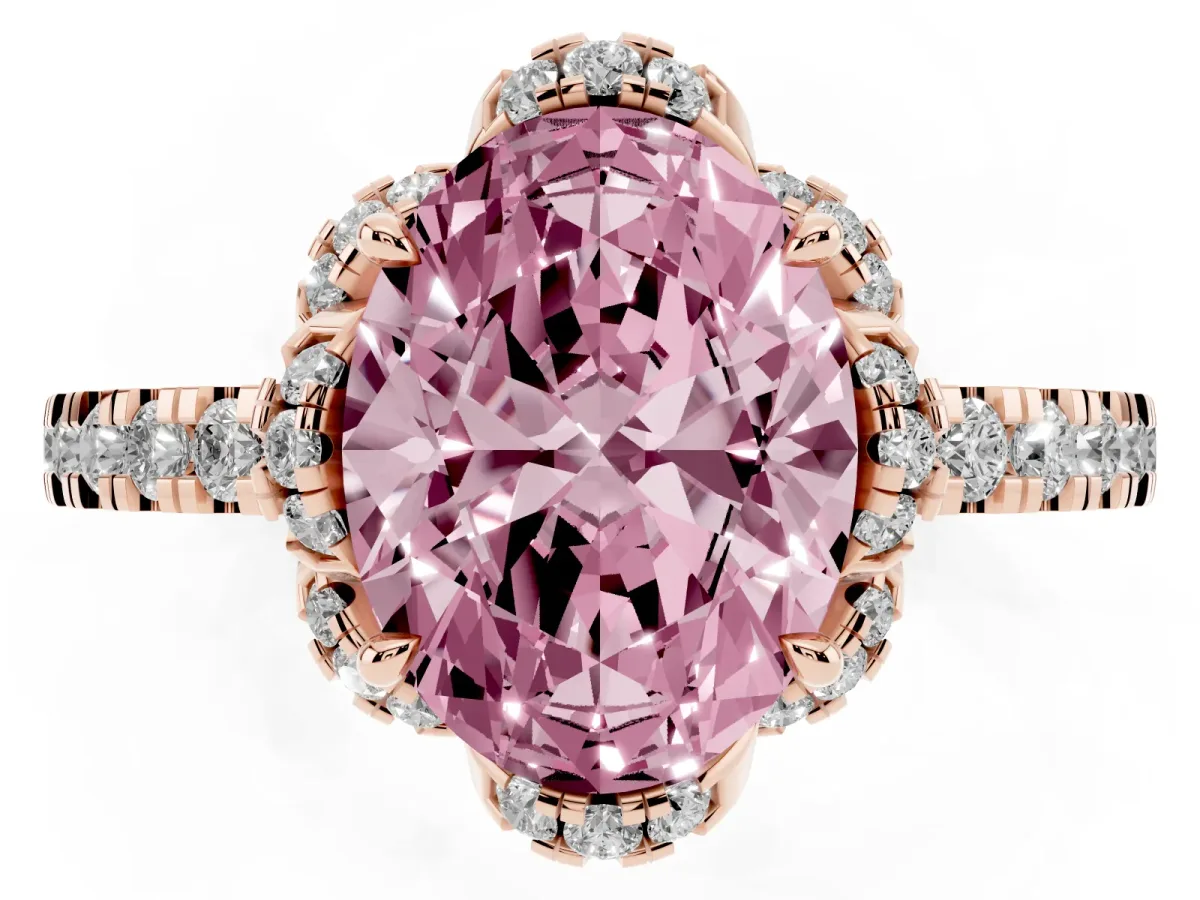 Fancy Pink Oval Cut Halo Diamond Pave Band Ring with Four-Prong Setting Rose gold