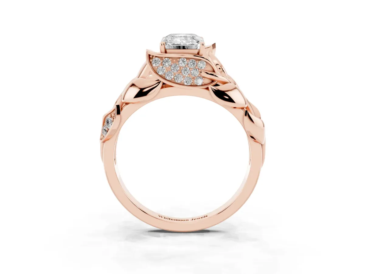 Emerald Cut Diamond Leaf-Inspired Engagement Ring with Round Accents and Prong Setting Rose gold