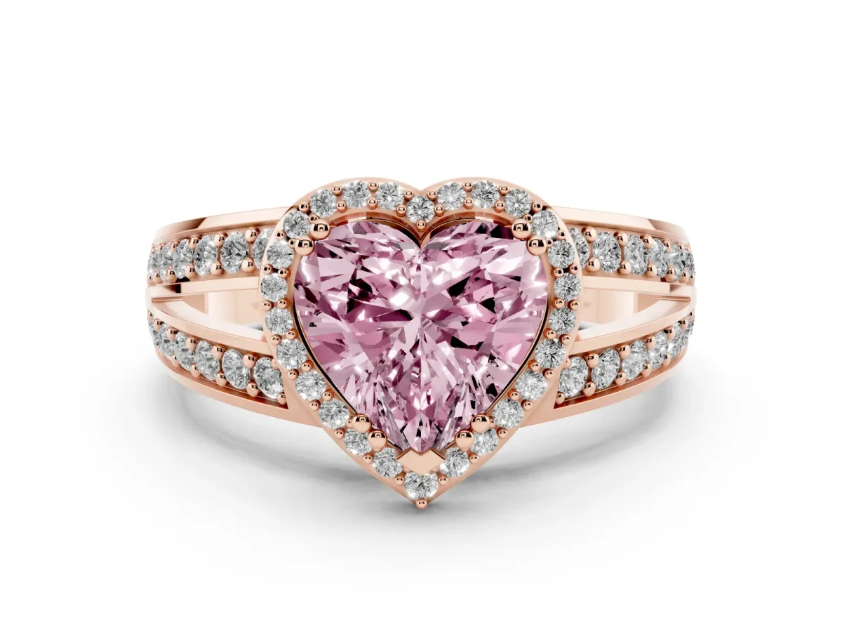 Fancy Pink Heart Cut Diamond Halo Ring with Split Shank Pavé Band and Four-Prong Setting Rose gold