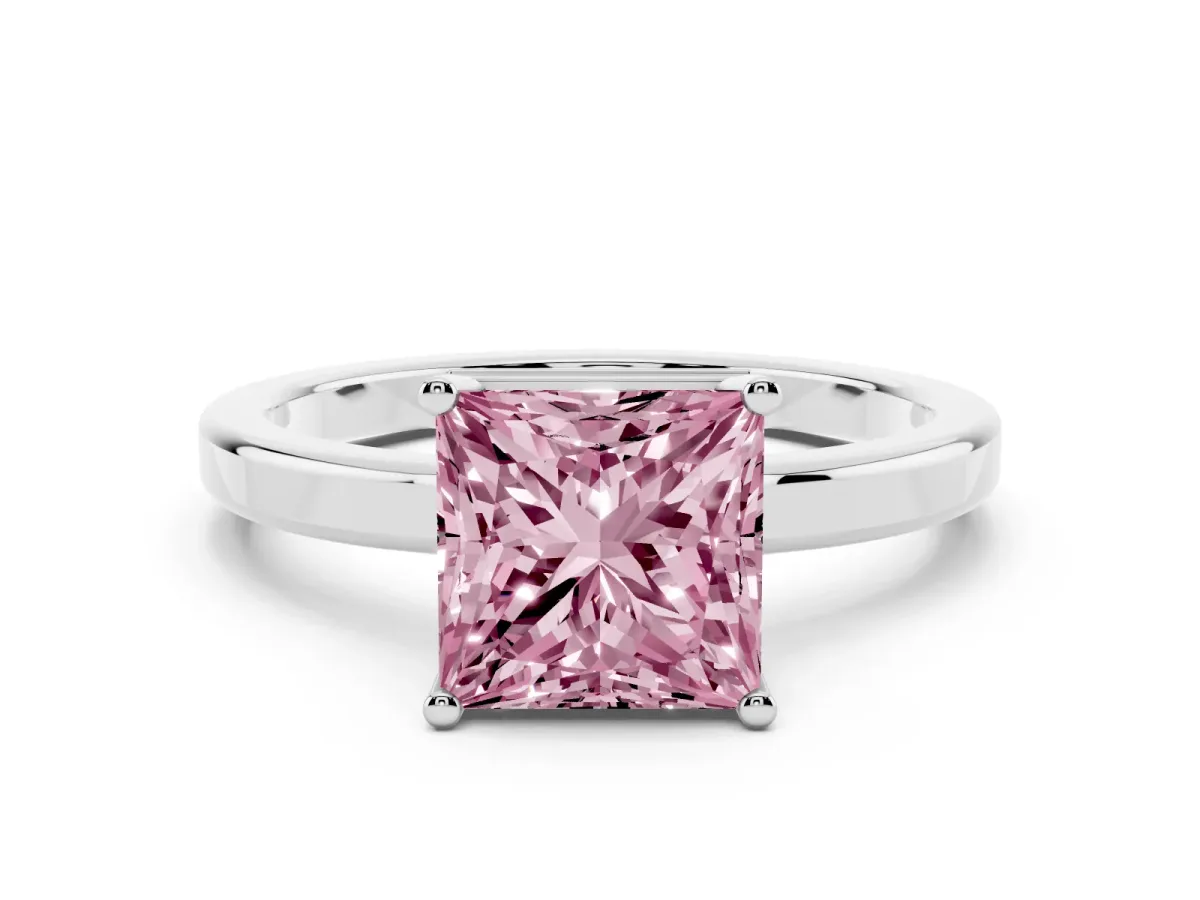 Fancy Pink Princess Cut Cut Solitaire Engagement Ring with Four-Prong Setting on a Classic Band Silver