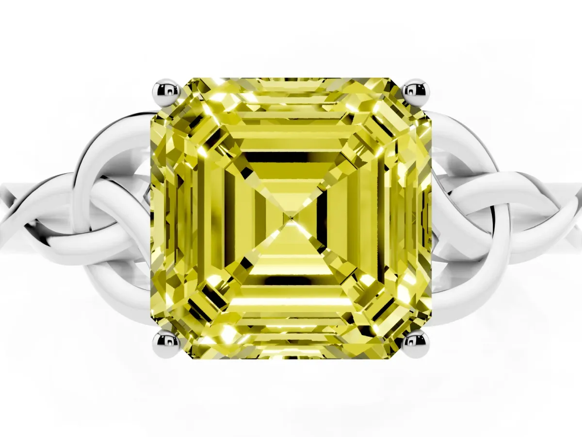 Fancy Yellow Asscher Cut Diamond Solitaire Engagement Ring with Celtic Knot Band and Four-Prong Setting White gold