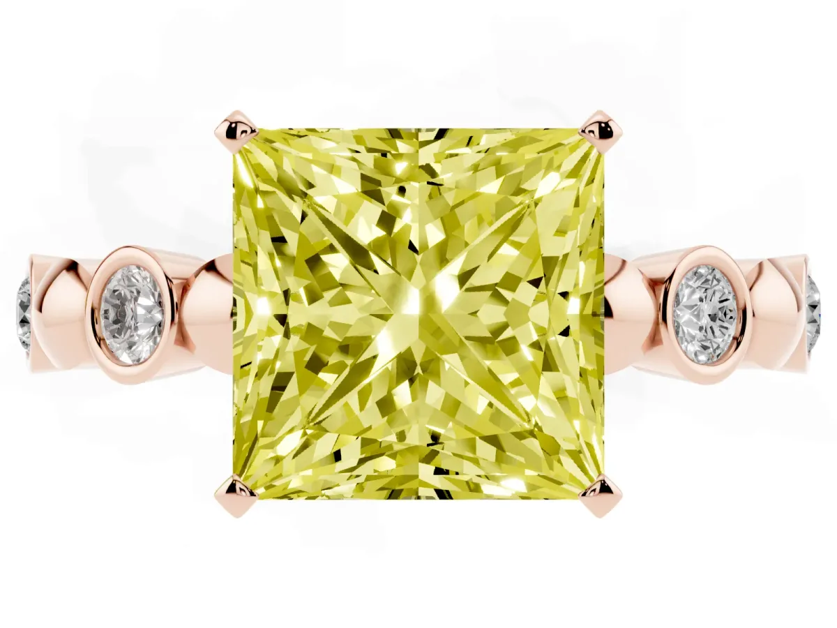 Fancy Yellow Princess Cut Solitaire Bezel-Set Diamond Ring with Beaded Band and Four-Prong Setting Rose gold
