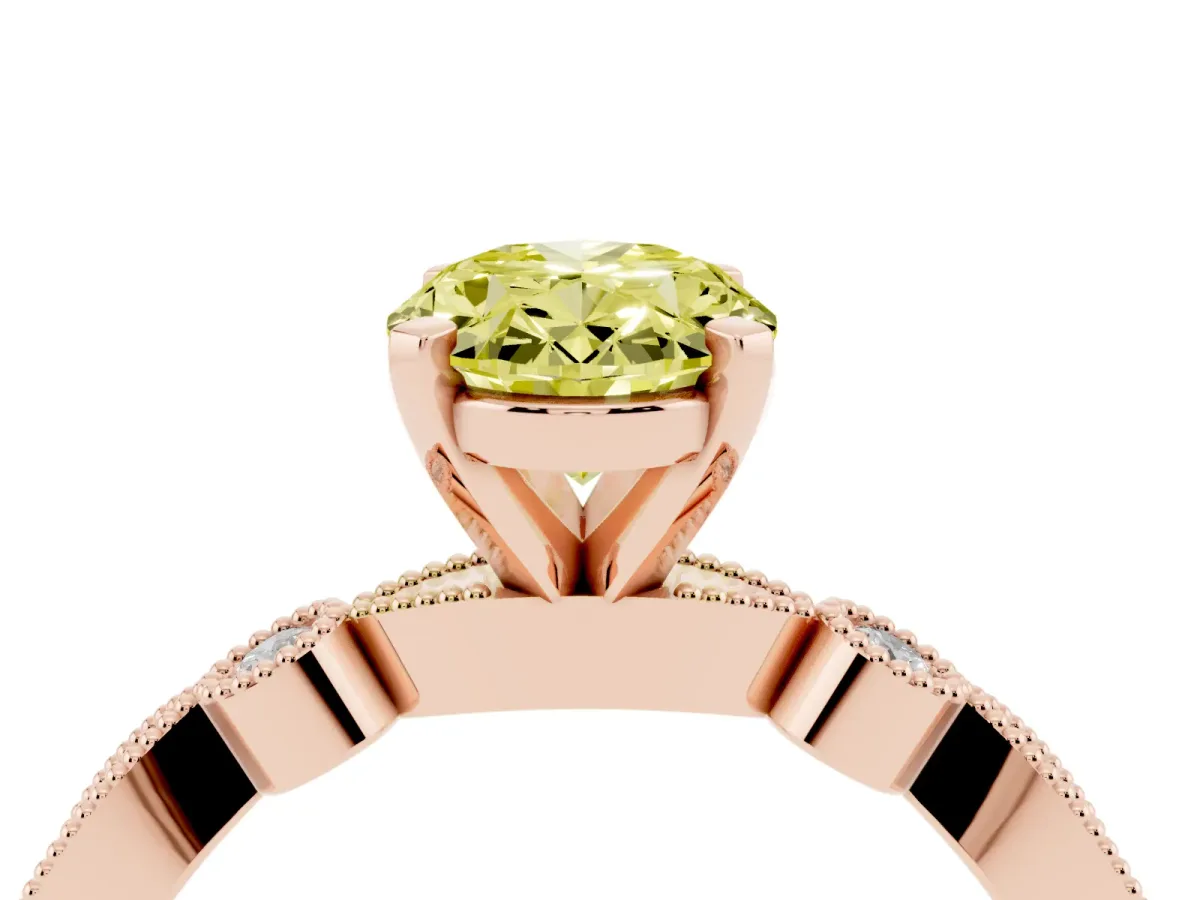Fancy Yellow Oval Cut Milgrain Bezel Diamond Engagement Ring with Solitaire Prong Setting Rose gold