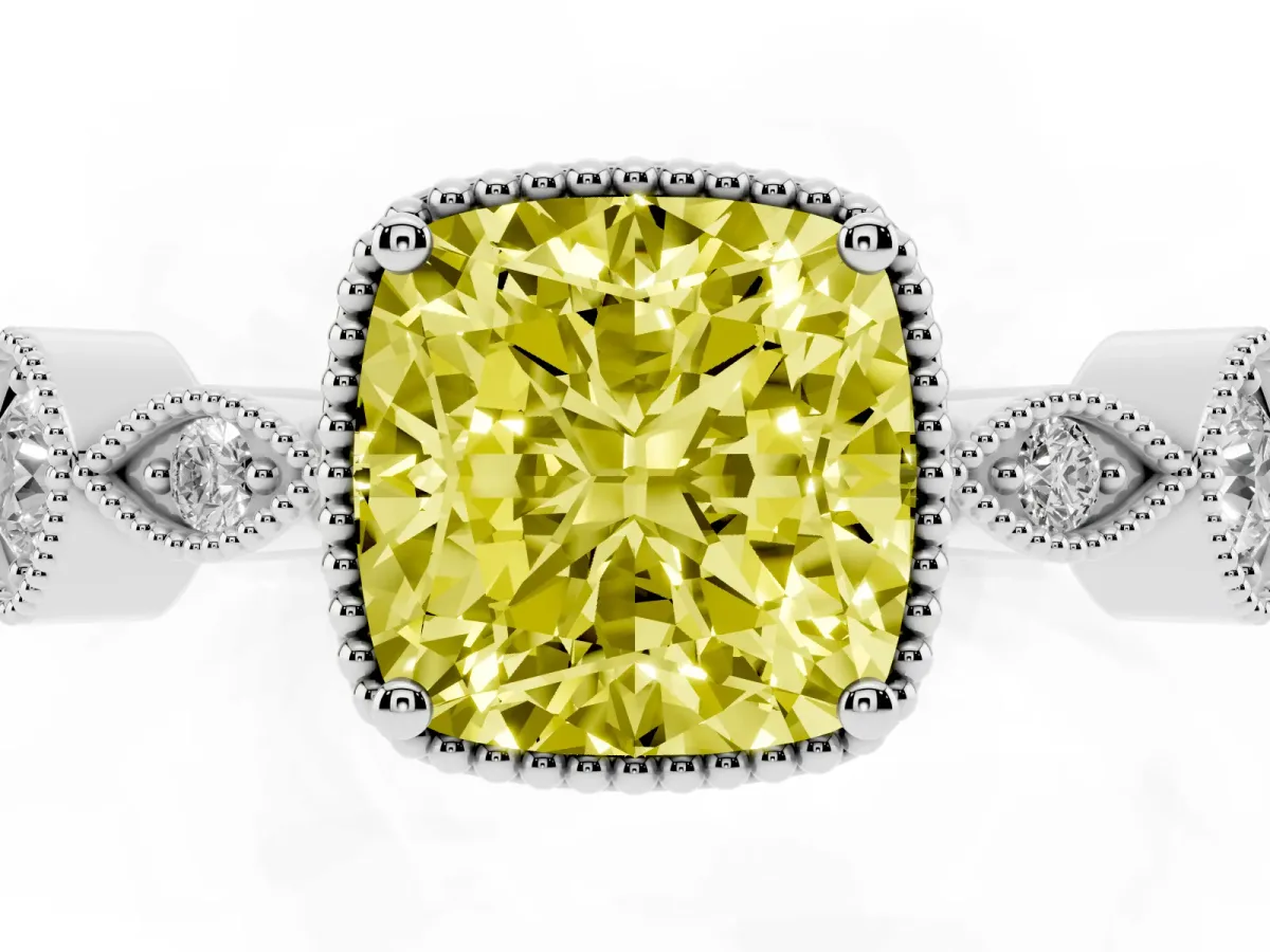 Fancy Yellow Cushion Cut Diamond Vintage Milgrain Ring with Round Stations Silver