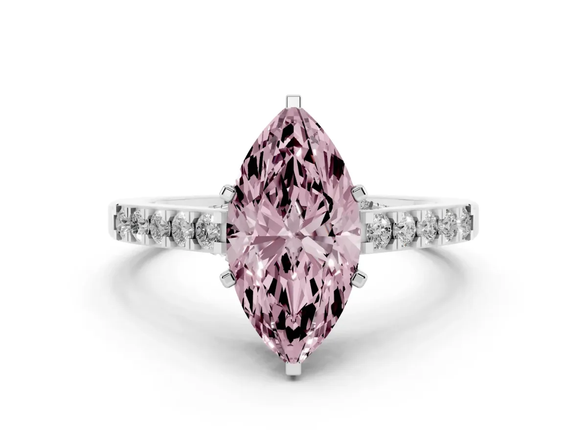 Fancy Pink Marquise Cut Diamond Solitaire Ring with Crossover Gallery and Round Pavé Band Platinum