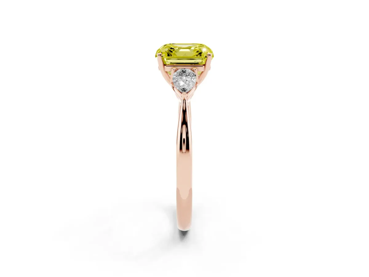 Fancy Yellow Three-Stone Asscher Cut Brilliant Diamond Solitaire Ring with Tapered Band and Four-Prong Setting Rose gold
