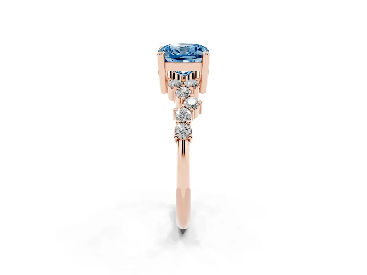 Fancy Blue Cushion Cut Diamond Scattered Round Accent Ring with Prong Setting Rose gold