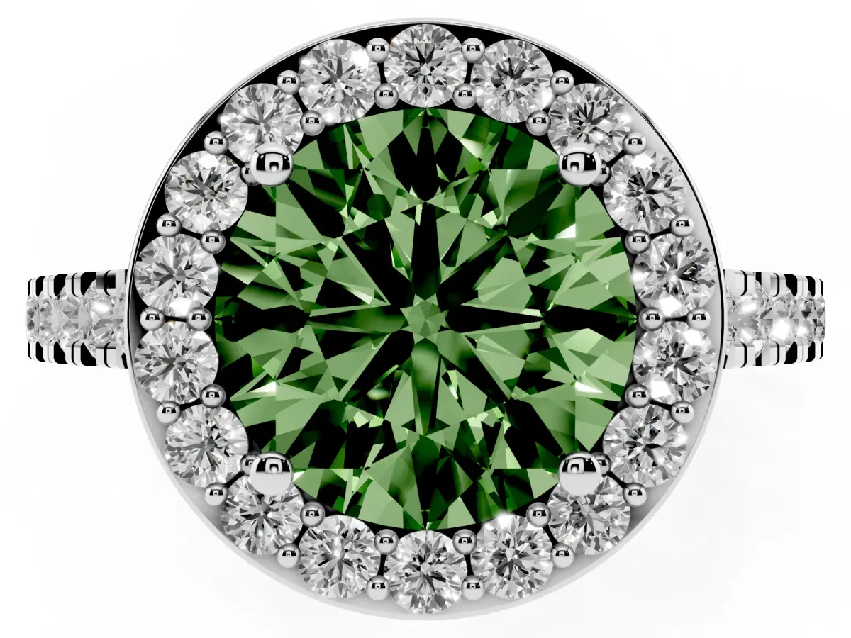 Fancy Green Round Cut Diamond Halo Ring with Round Pavé Split Shank and Prong Setting Silver