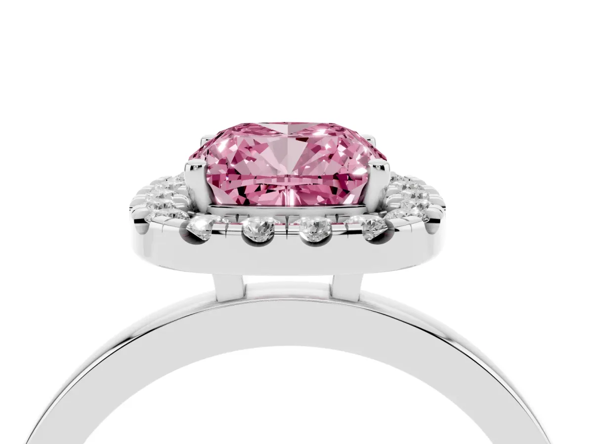 Fancy Pink Cushion Cut Halo Diamond Solitaire with Pavé Band and Four-Prong Setting White gold