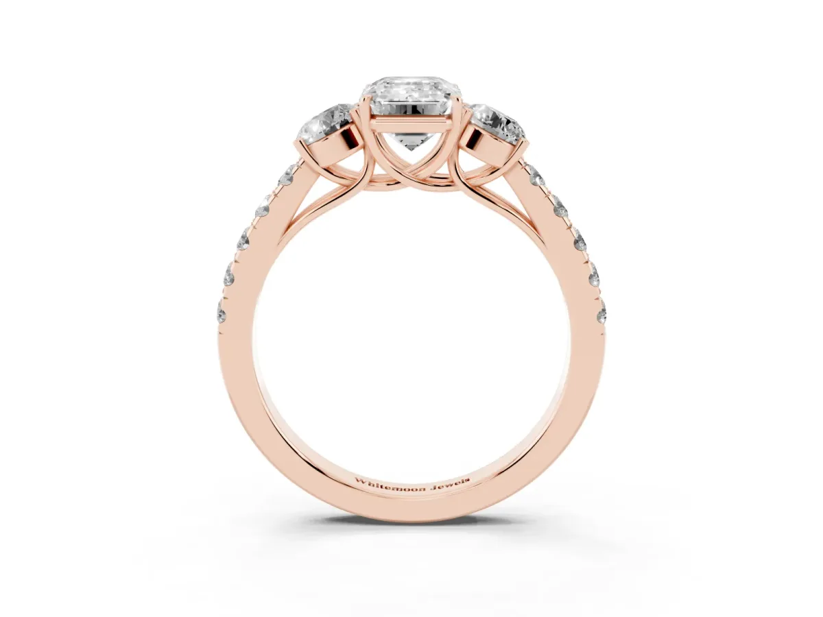 Emerald Cut Cut Diamond Three-Stone Ring with Round Side Stones and Pavé Band Rose gold