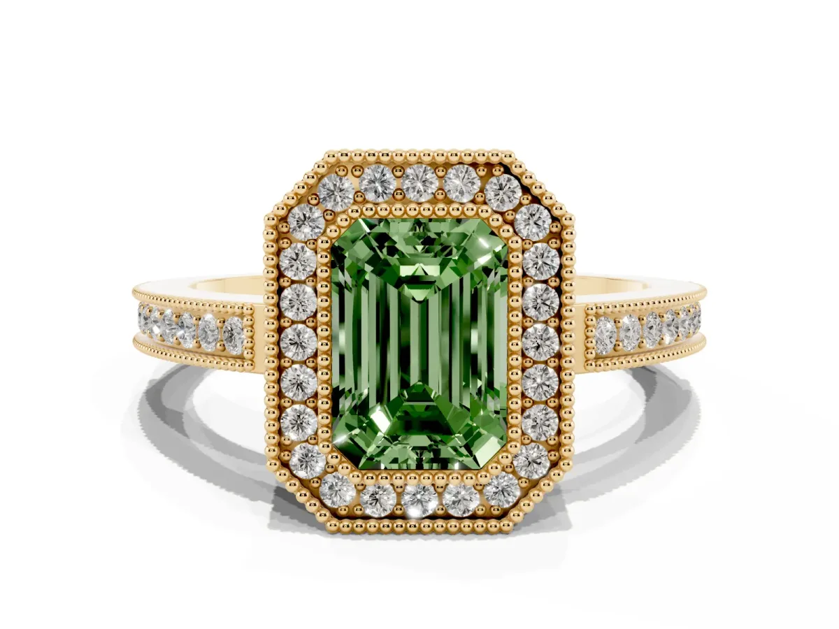Fancy Green Emerald Cut Cut Halo Diamond Ring with Pavé Band and Milgrain Prong Setting Yellow gold