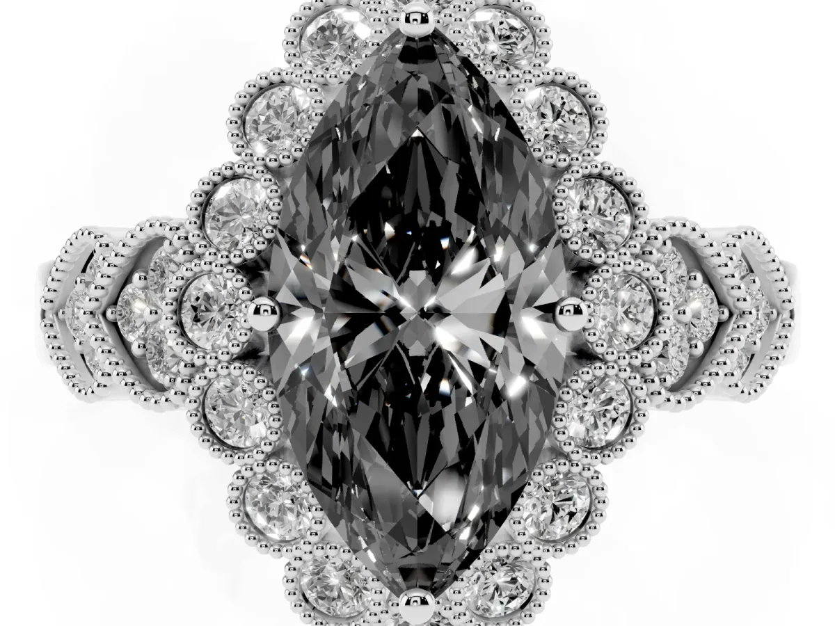 Fancy Black Marquise Cut Brilliant Milgrain Pave Heart Band Solitaire Ring Platinum