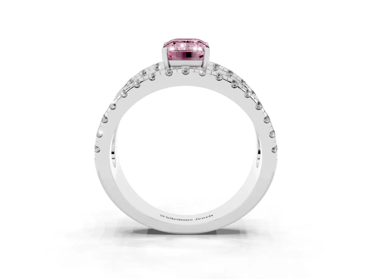 Fancy Pink Emerald Cut Solitaire Split Shank Pave Diamond Ring Silver