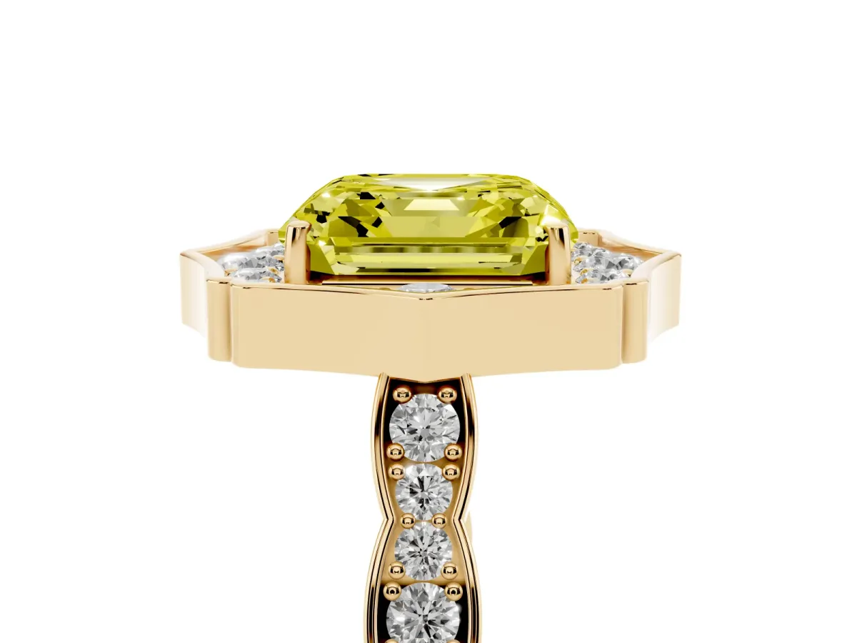 Fancy Yellow Asscher Cut Halo Diamond Engagement Ring with Milgrain Band and Four-Prong Setting Yellow gold