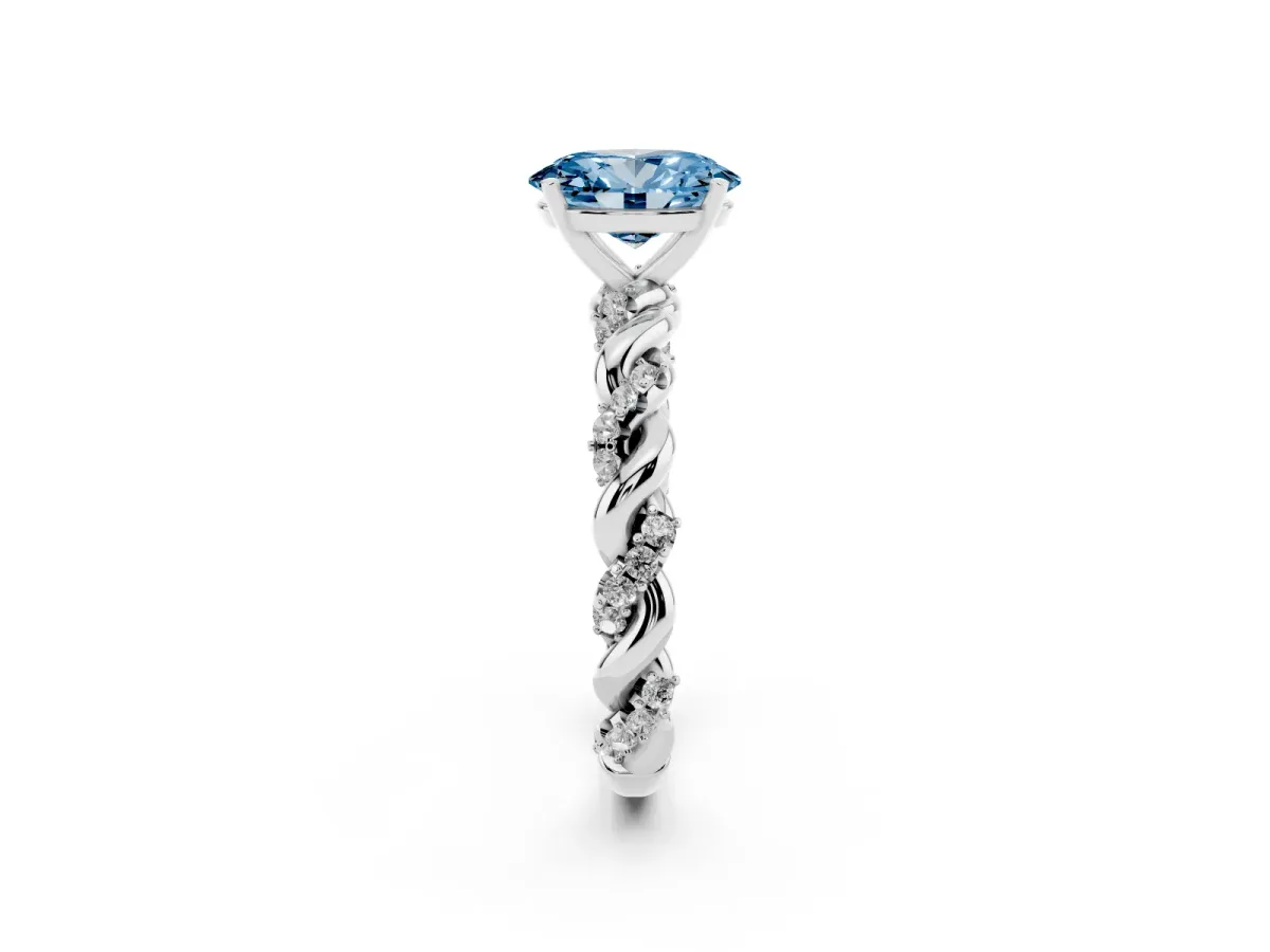 Fancy Blue Oval Cut Diamond Solitaire Ring with Twisted Band and Pavé Accents White gold