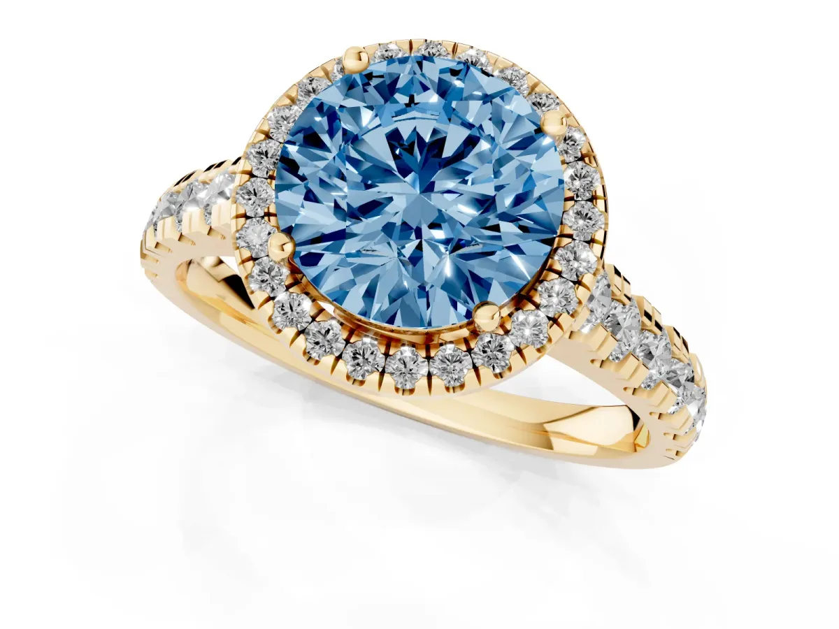 Fancy Blue Round Cut Halo Pavé Diamond Engagement Ring with Four-Prong Setting Yellow gold