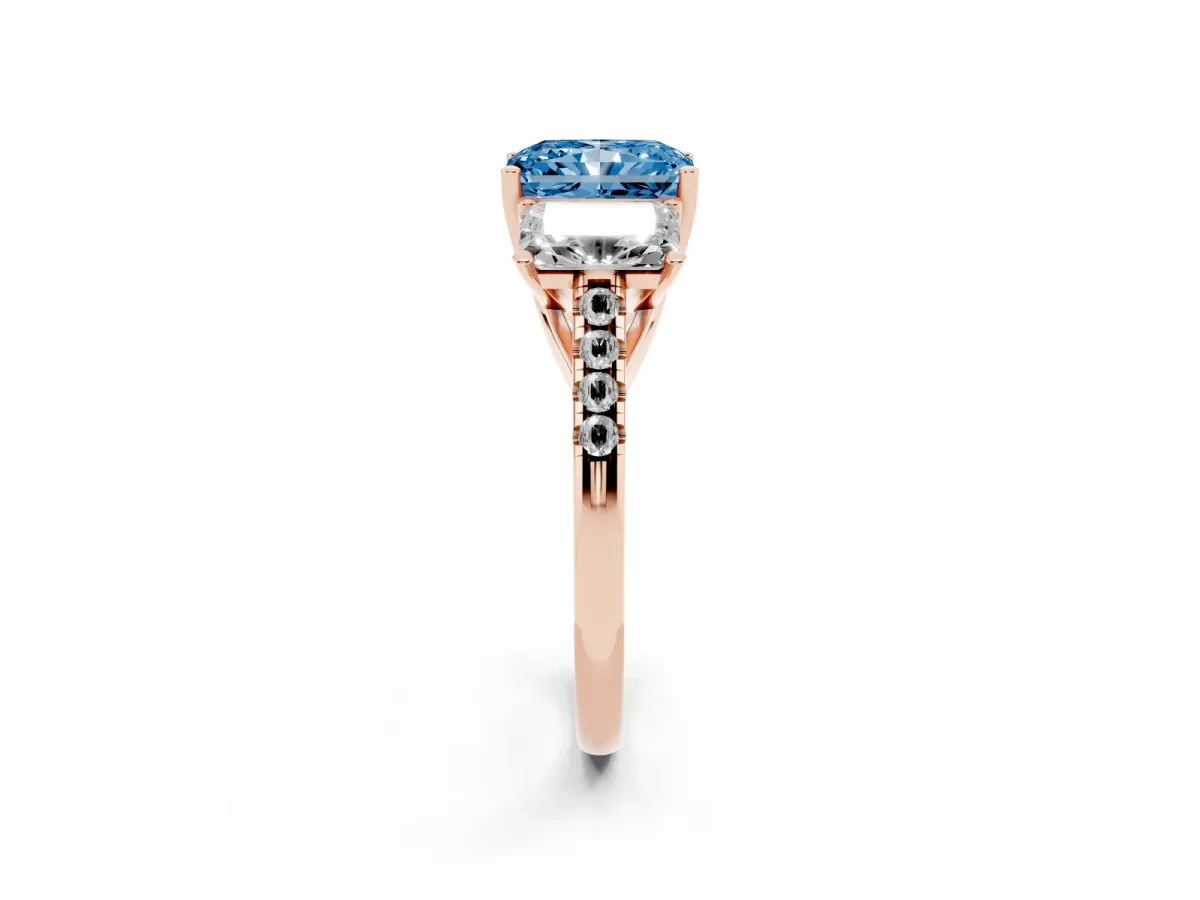 Fancy Blue Three-Stone Radiant Cut Diamond Ring with Round Pavé Band and Prong Setting Rose gold