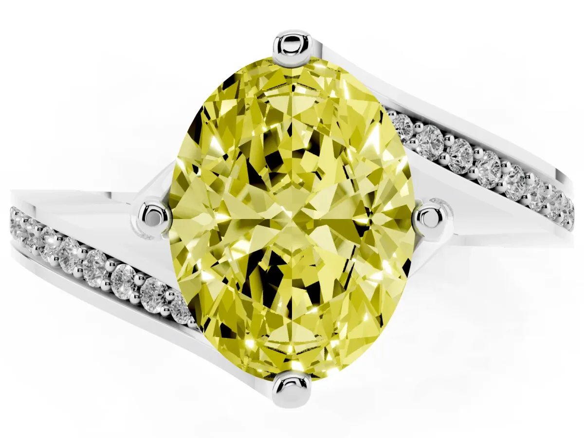 Fancy Yellow Oval Cut Solitaire Diamond Twist Band with Pavé Setting and Four-Prong Setting Platinum