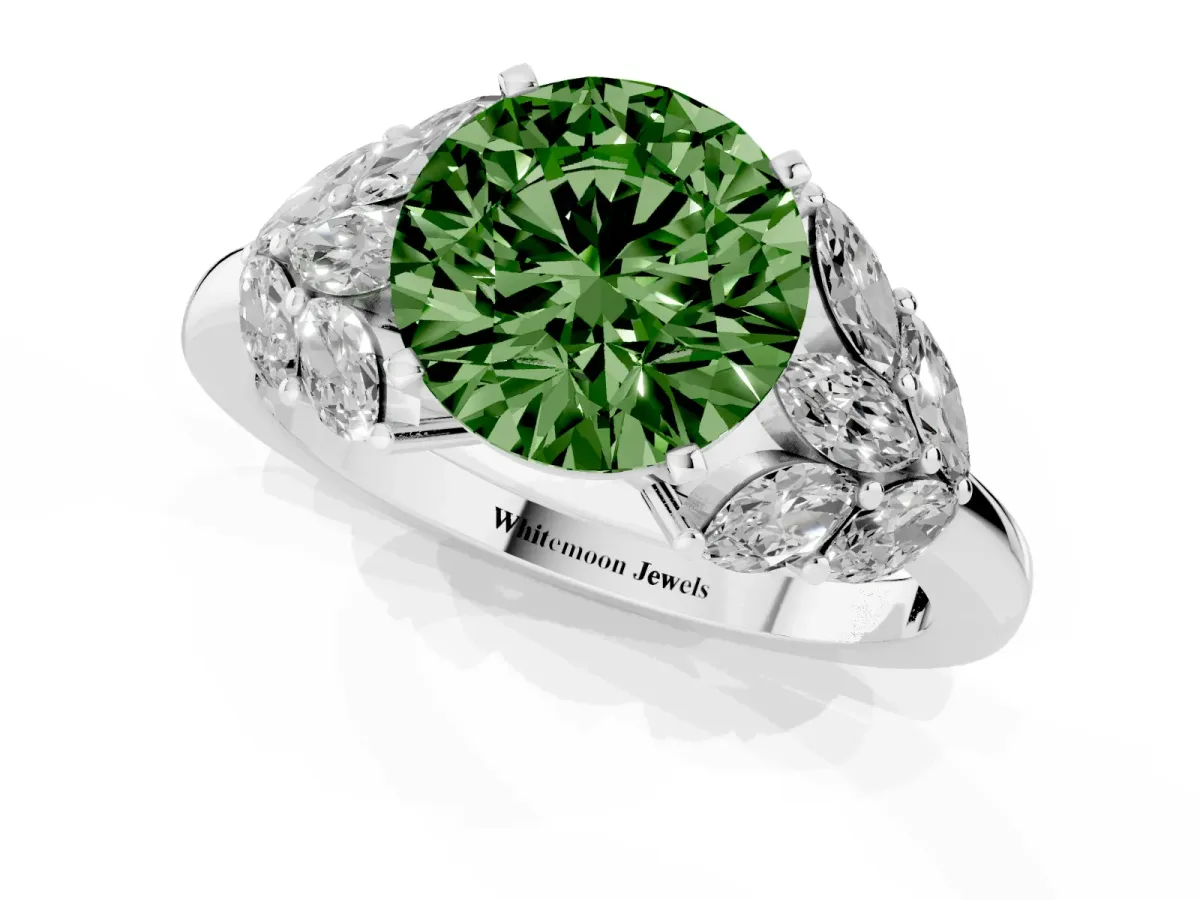 Fancy Green Round Cut Diamond Cluster Leaf Design Ring with Prong Setting Platinum