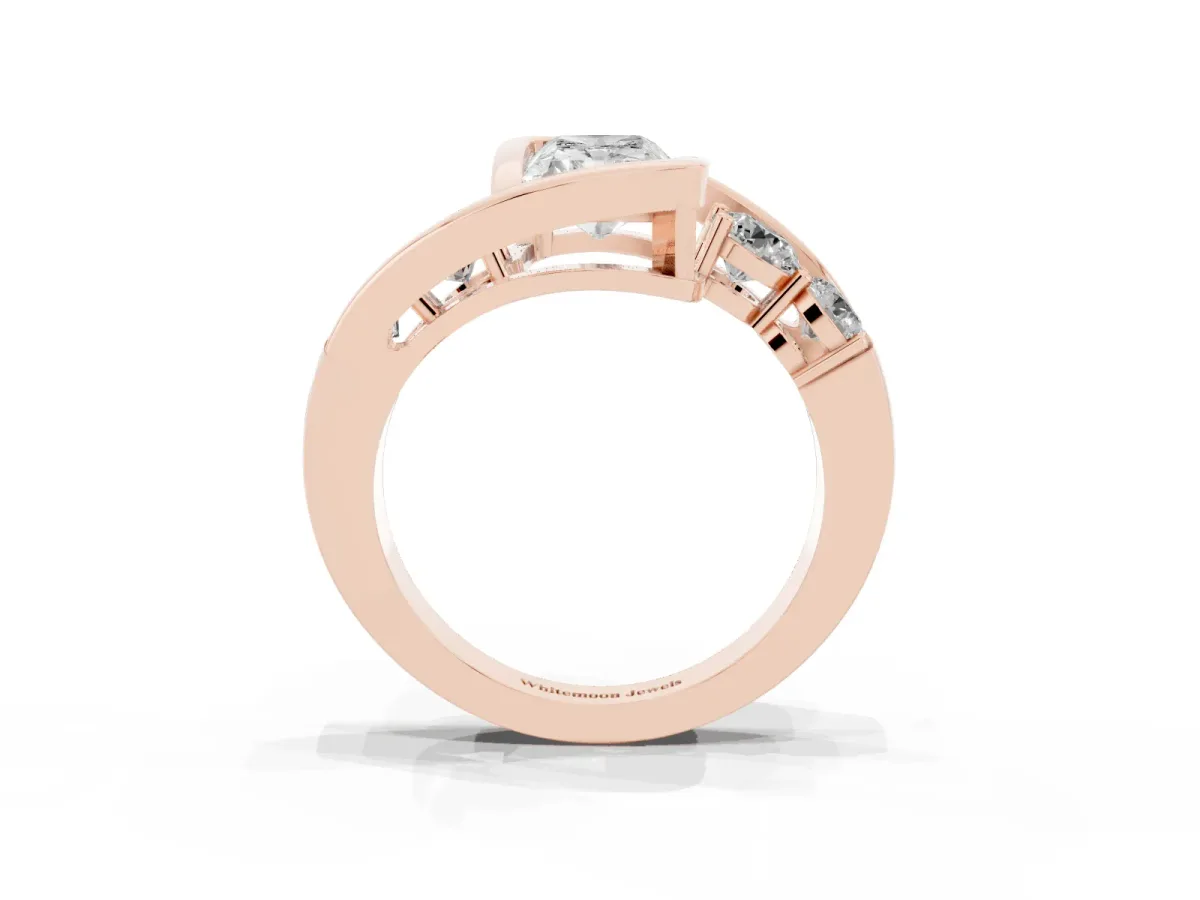 Bezel Set Radiant Cut Diamond Bypass Ring with Round Accents Rose gold