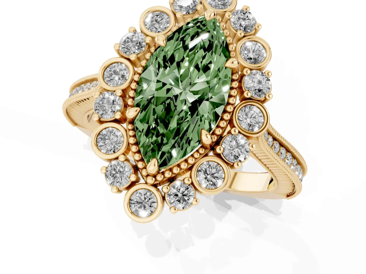Fancy Green Marquise Cut Halo Milgrain Pave Diamond Ring with Four-Prong Setting Yellow gold