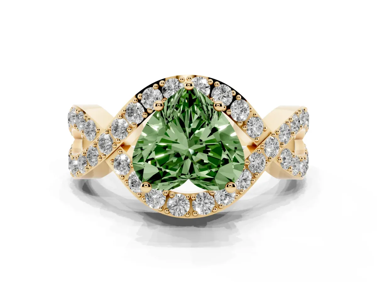 Fancy Green Heart Cut Solitaire Twist Band Pavé Diamond Engagement Ring Yellow gold
