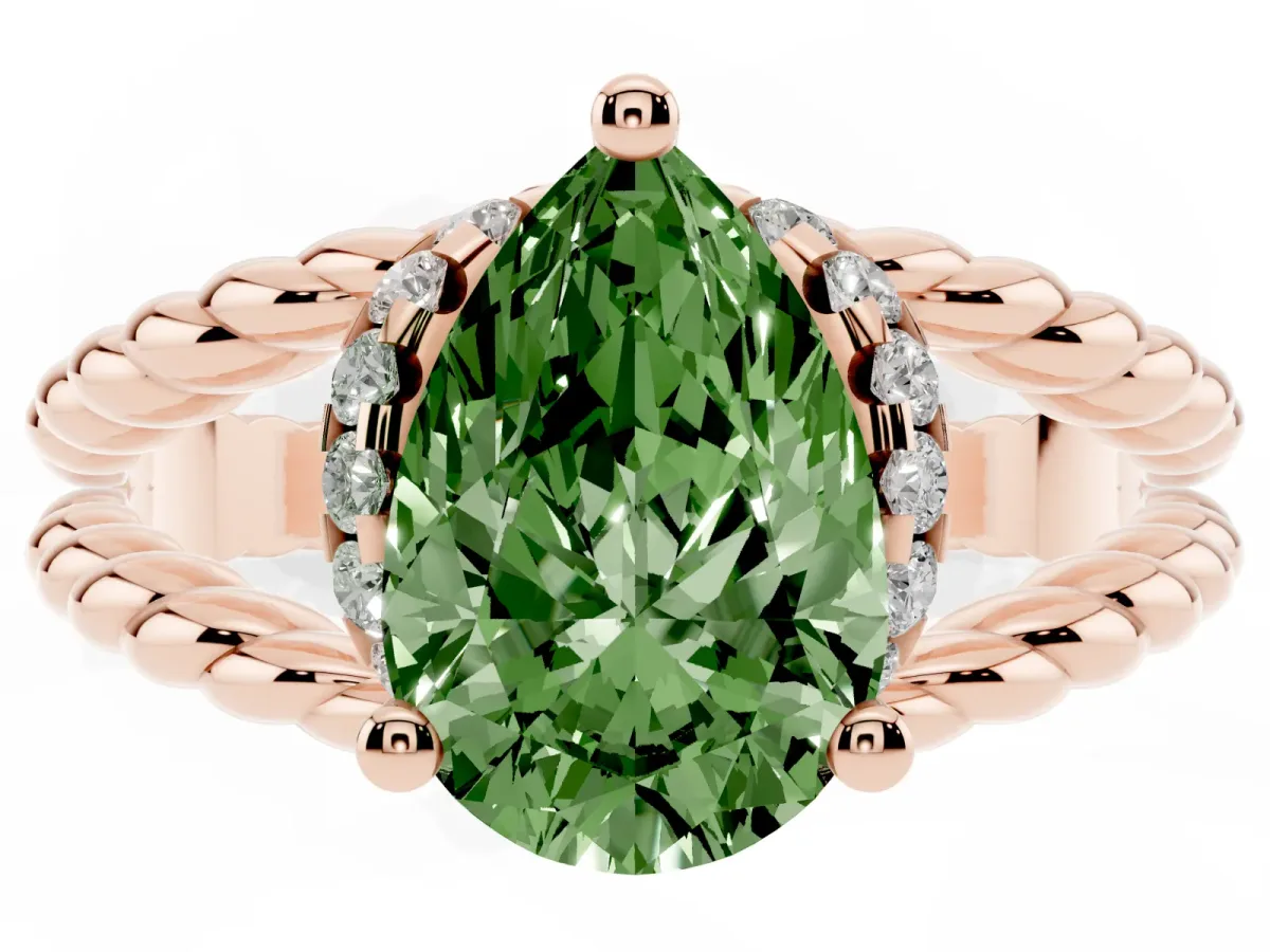 Fancy Green Pear Cut Halo Twisted Band Four-Prong Ring Rose gold