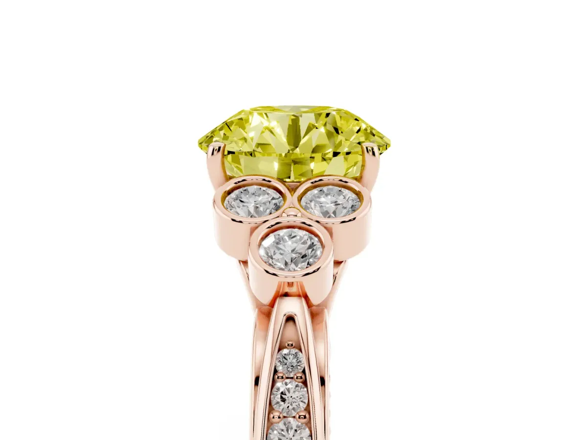 Fancy Yellow Round Cut Cut Diamond Engagement Ring with Bezel Set Round Side Stones and Prong Setting Rose gold